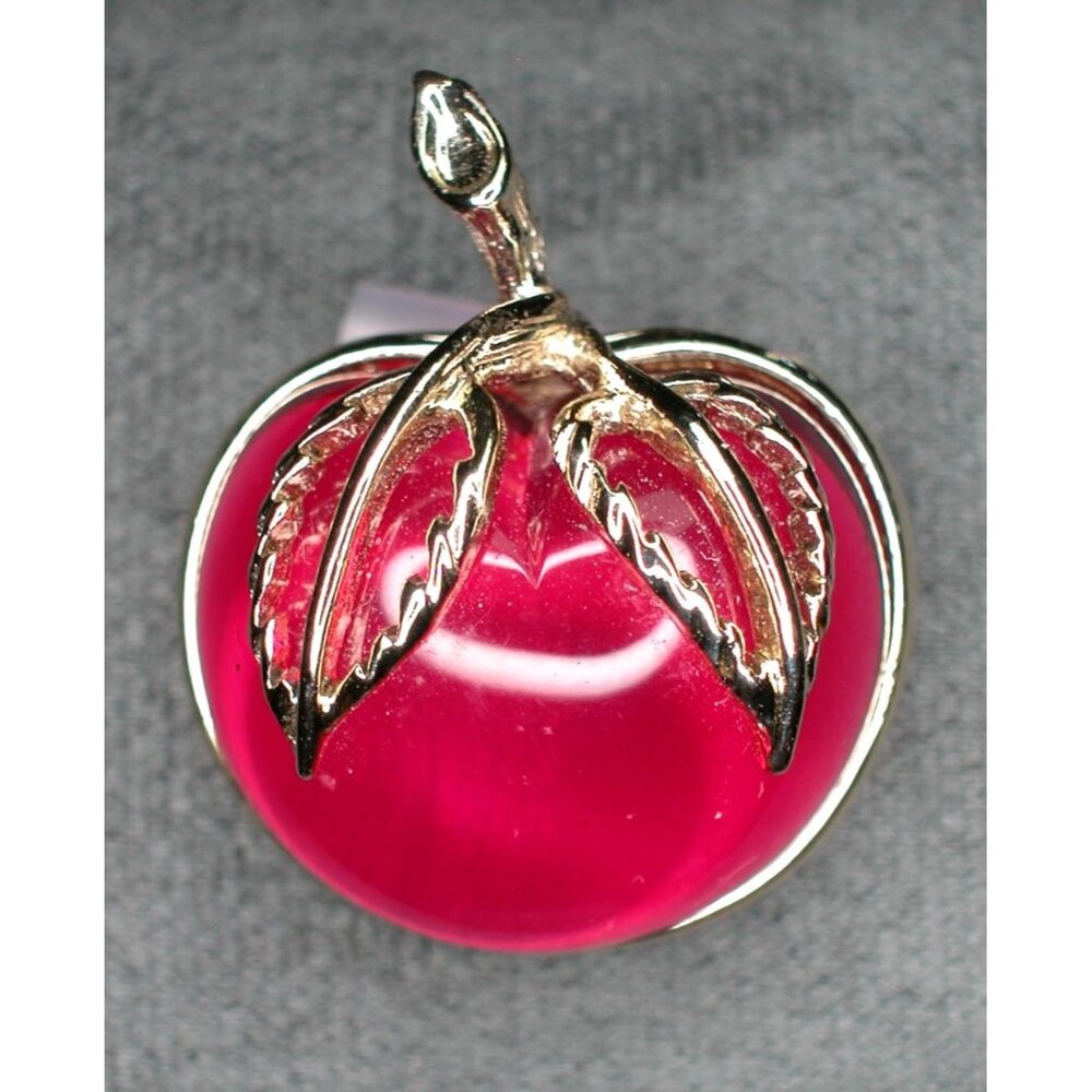 Vintage Red Glass Apple Brooch With Gold-Tone Leaf Detail